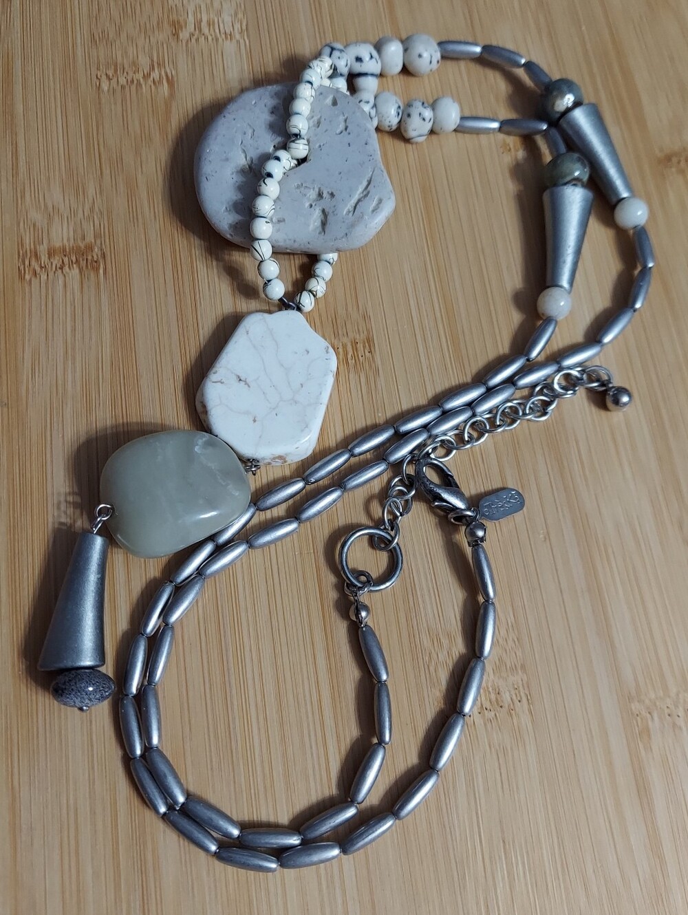 Treska Silver Tone/Ceramic Beads & Beach Stone Statement Necklace